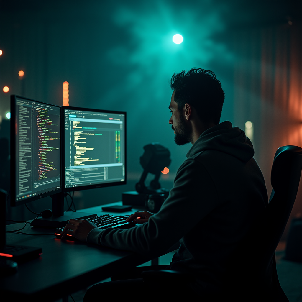 Developer sitting at a dual-monitor desk, hands resting on a