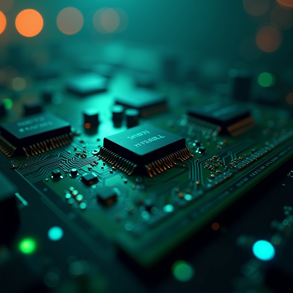 Memory chips soldered onto a green circuit board, angled dia