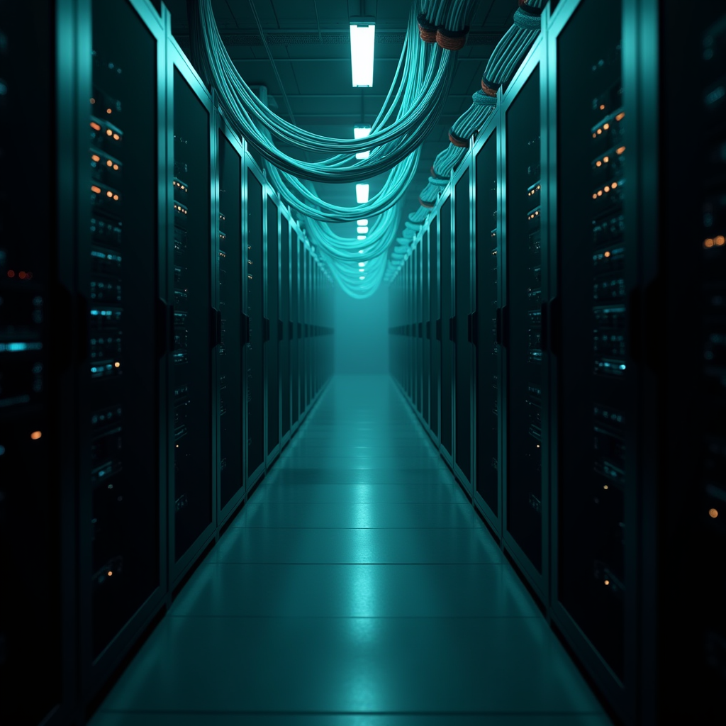 Data center aisle with rows of black server racks, dramatic