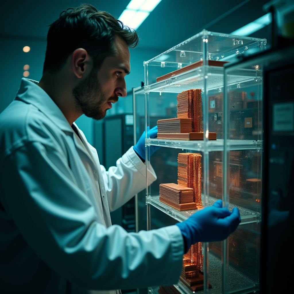 Researcher in a white lab coat examining a transparent acryl