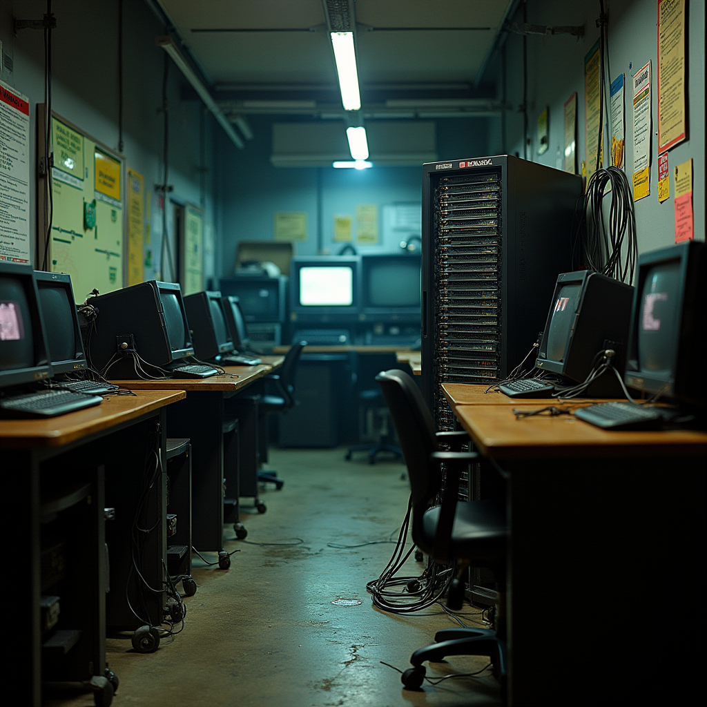 A vintage server rack sits in a dimly lit early computing la