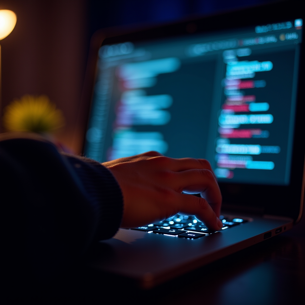 Close-up of hands typing on a mechanical keyboard, eyes lock