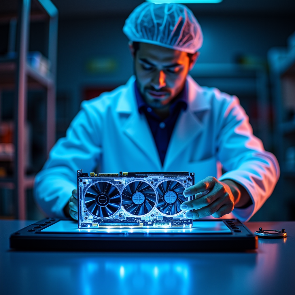 A researcher in a clean laboratory adjusts a transparent GPU