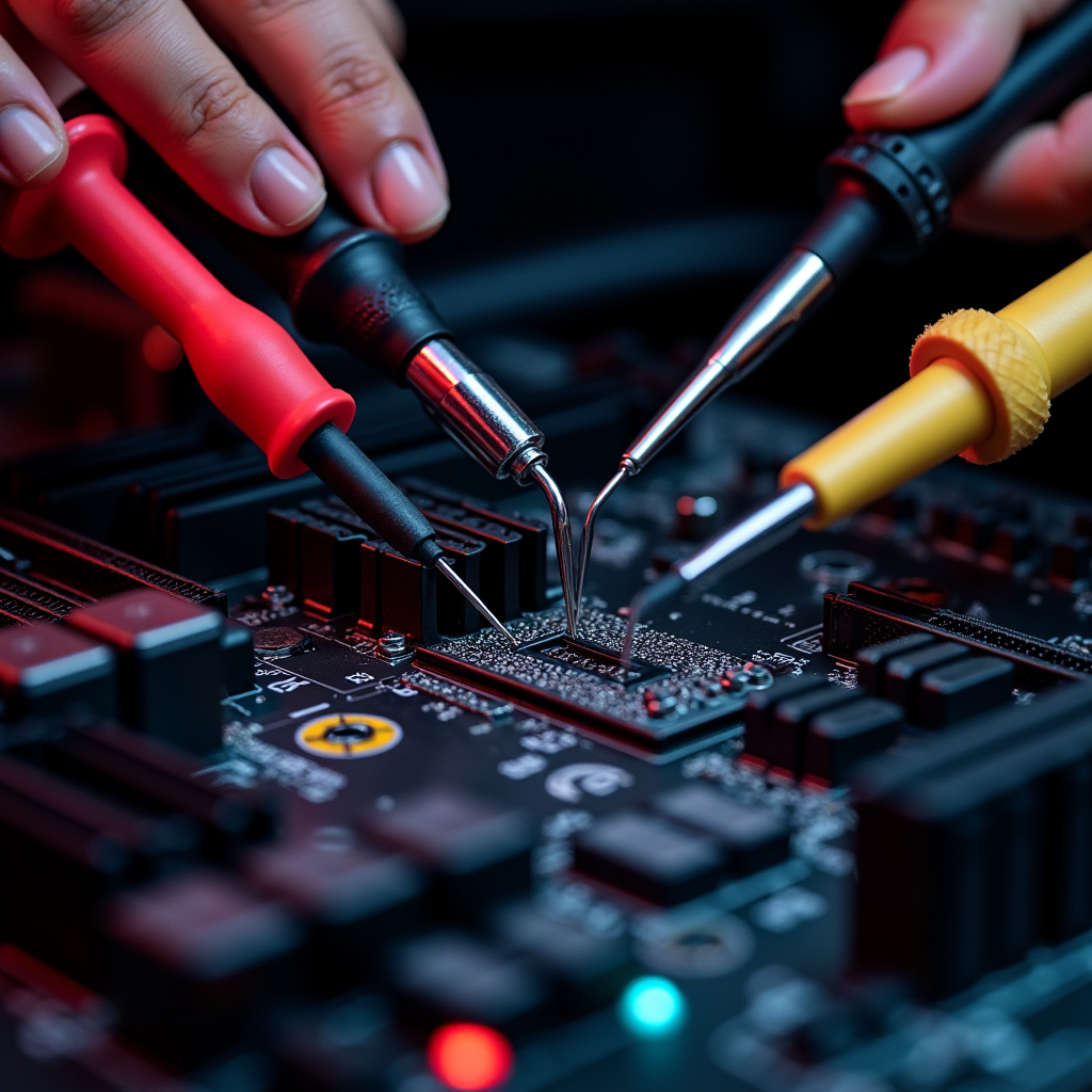 A technician plugs a thick PCIe data cable into a desktop mo