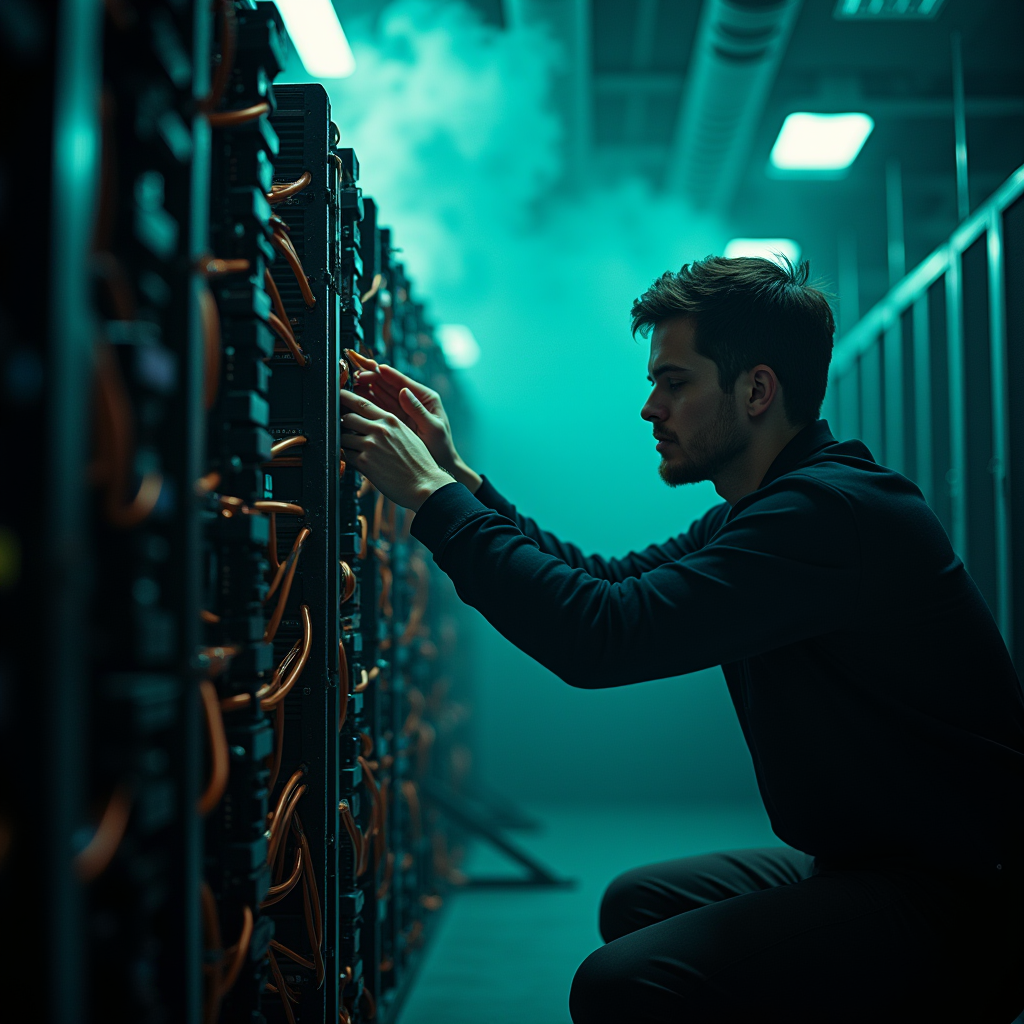 A technician adjusting cooling pipes on a custom GPU cluster