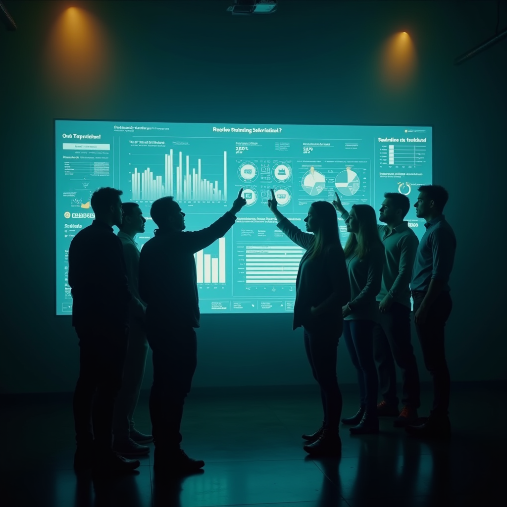 A cross-functional team gathered around a large touch-screen