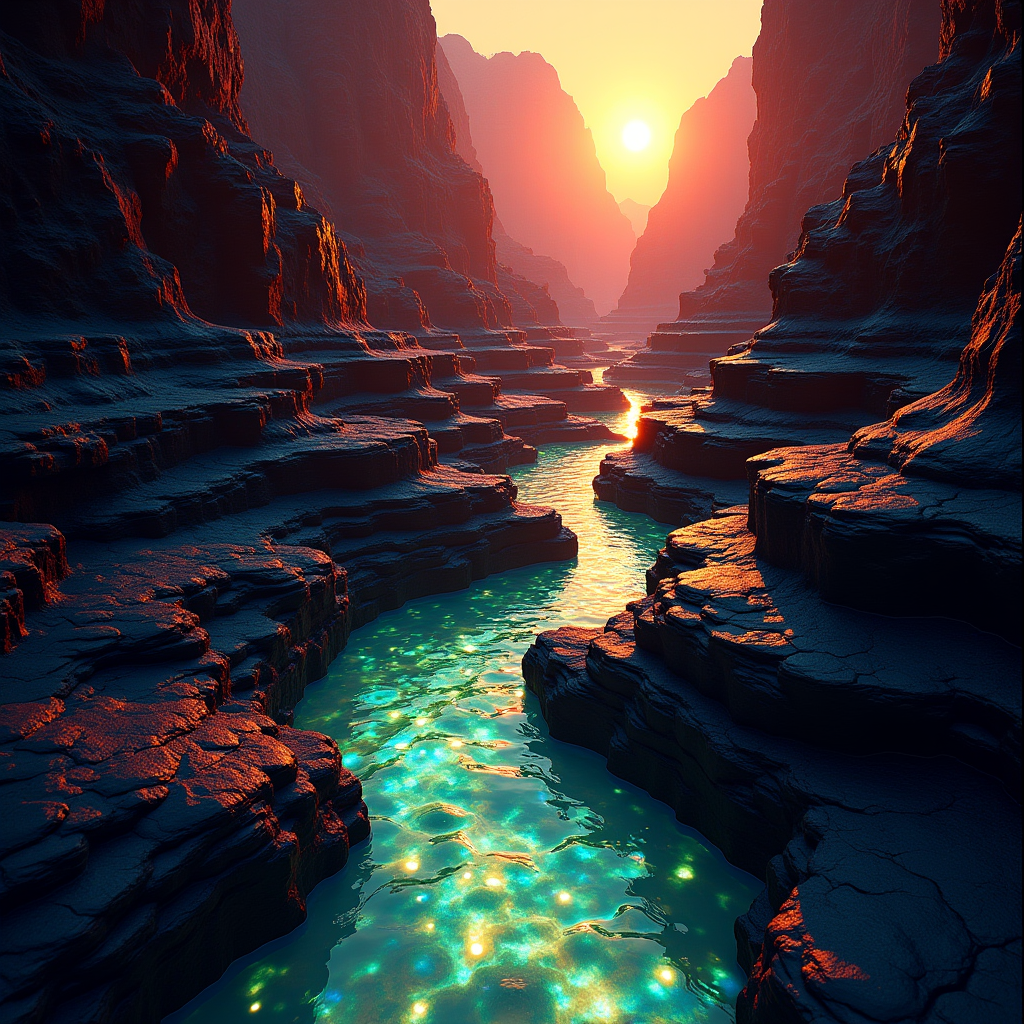 A terraced canyon of dark volcanic rock, its stepped slopes