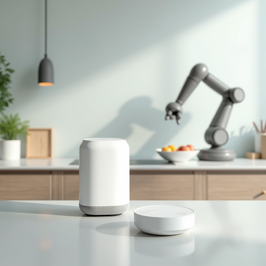 Wide shot of a smart home hub on a kitchen counter with a ro