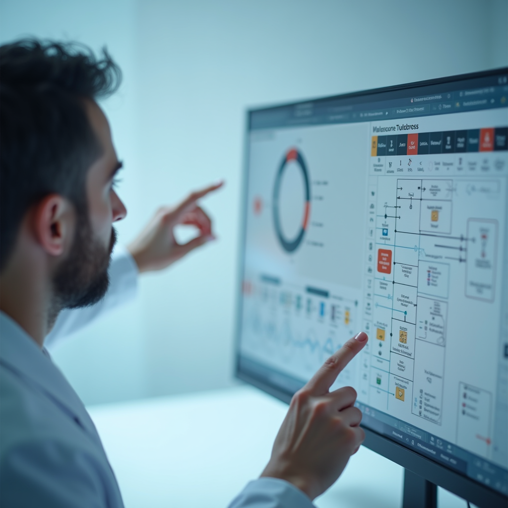 Close-up of a scientist pointing at a large monitor displayi