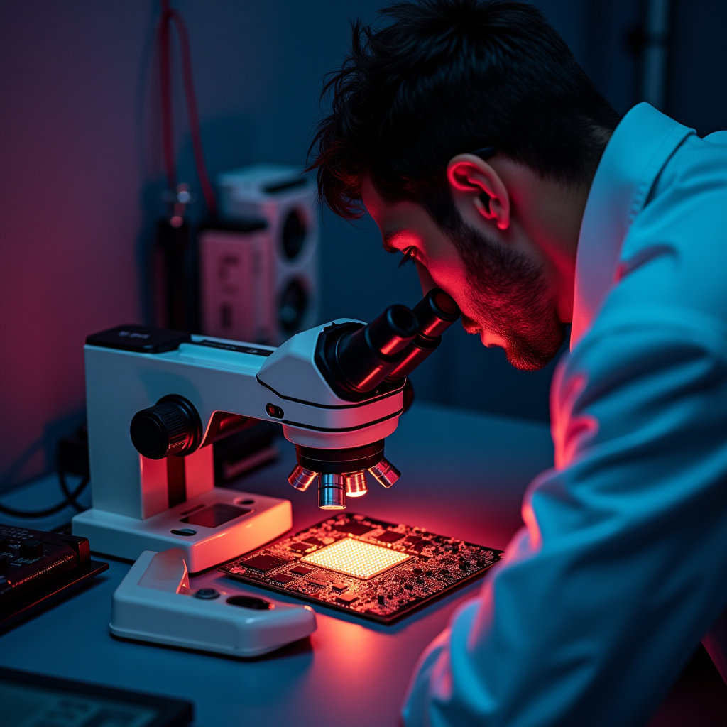 A lab technician adjusting a precision microscope over a glo
