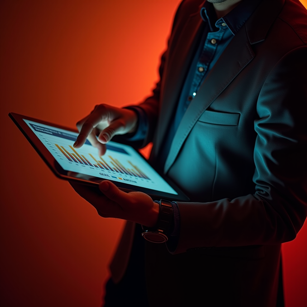A business owner tapping a tablet screen displaying subscrip