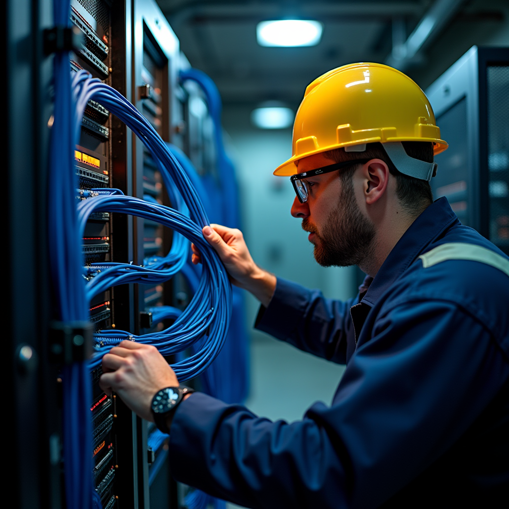 A network engineer routing thick fiber optic cables through