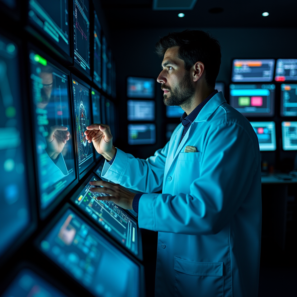 A research scientist adjusts a massive glass control panel,