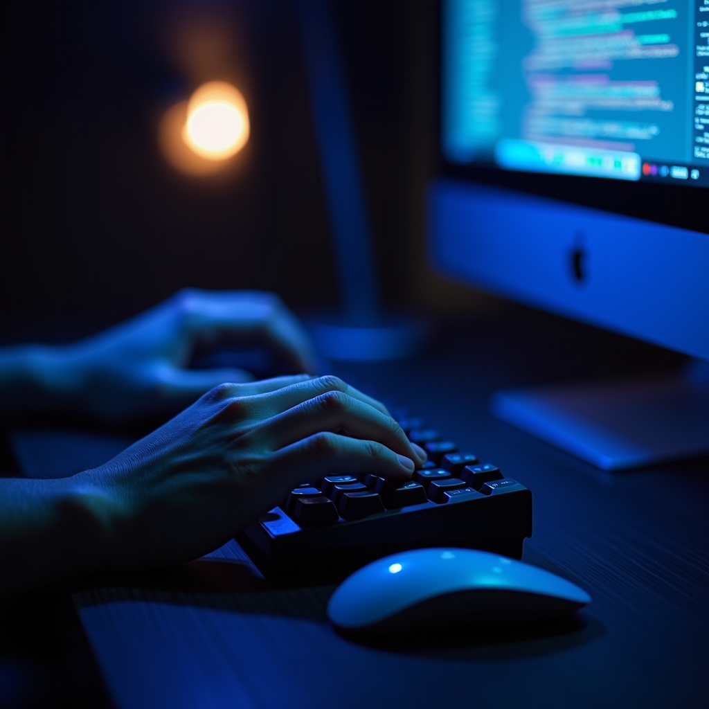 A developer’s hands type rapidly on a mechanical keyboard, m