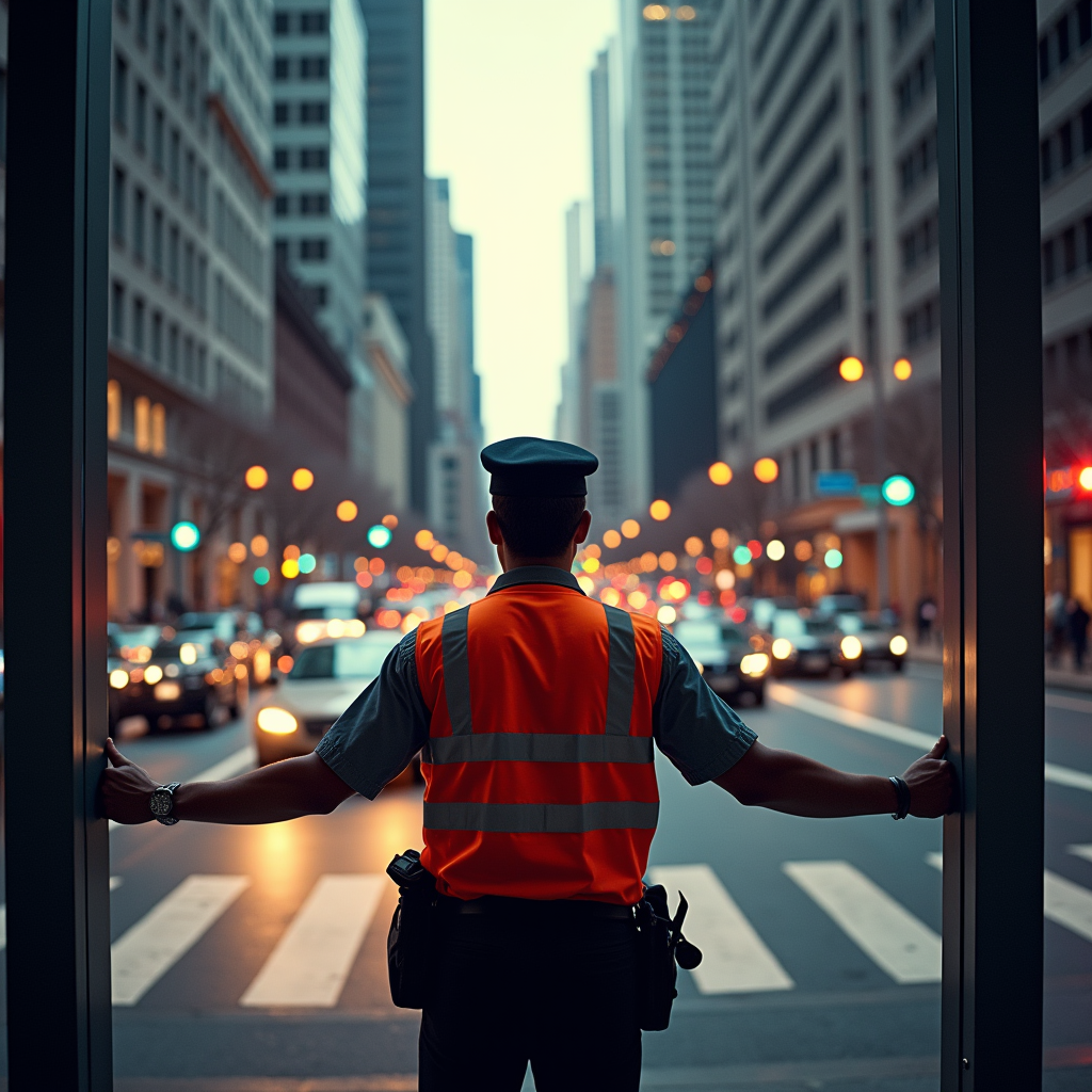 A city traffic controller stands in a glass booth, directing