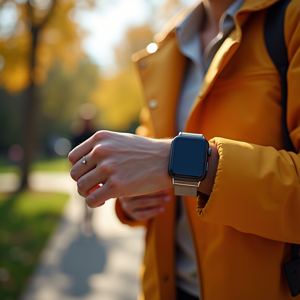 A customer holds a sleek smartwatch, thumb tapping the brigh