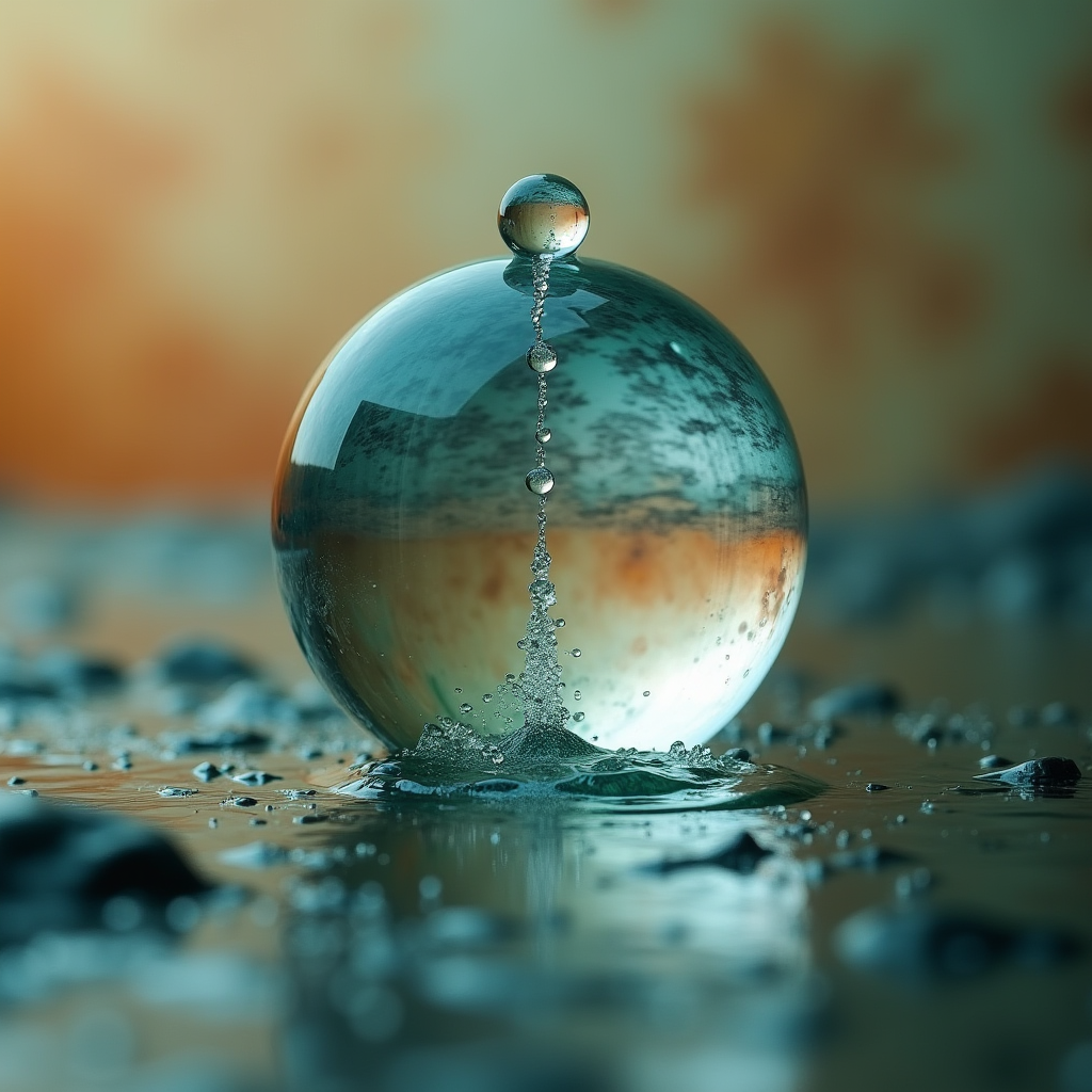 A slow-dripping water droplet suspended mid-fall inside a th