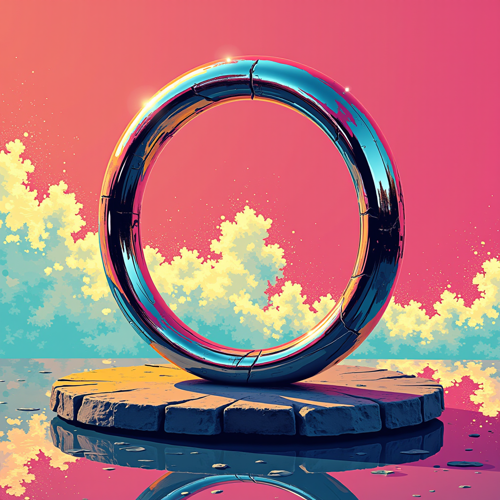 A single, unbroken ring of spun mercury resting on a polishe