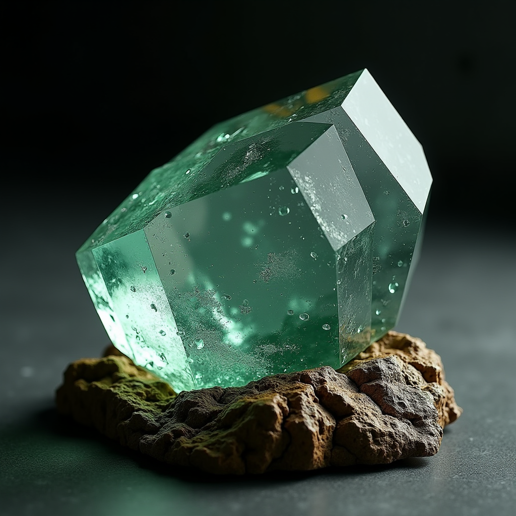 A transparent ice crystal resting on warm dark rock, resisti