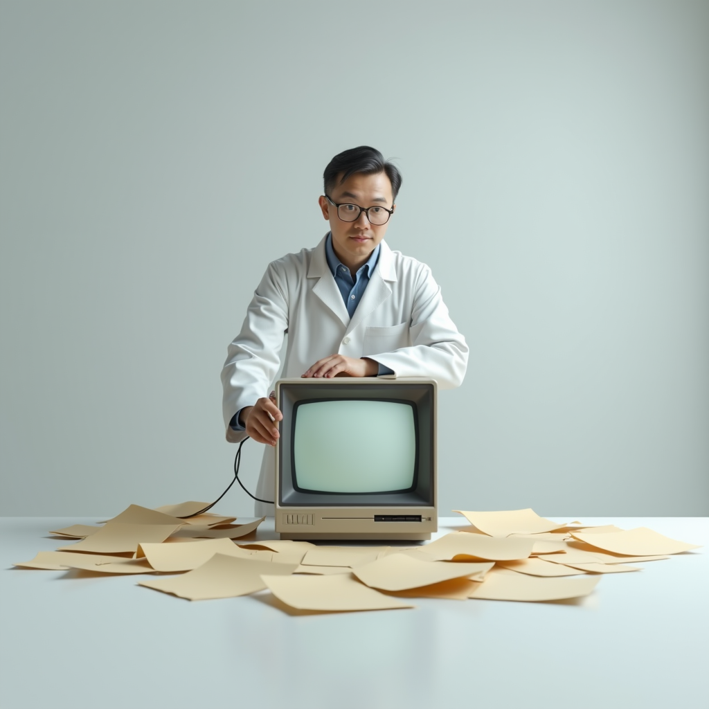 Low-angle shot of a scientist in a white lab coat leaning ov