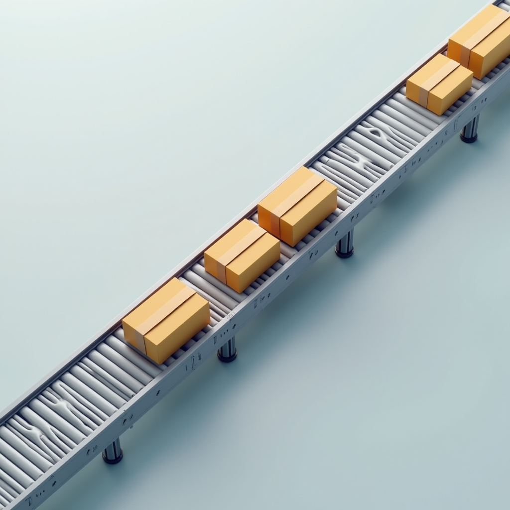 Overhead view of a high-speed factory conveyor belt rapidly 