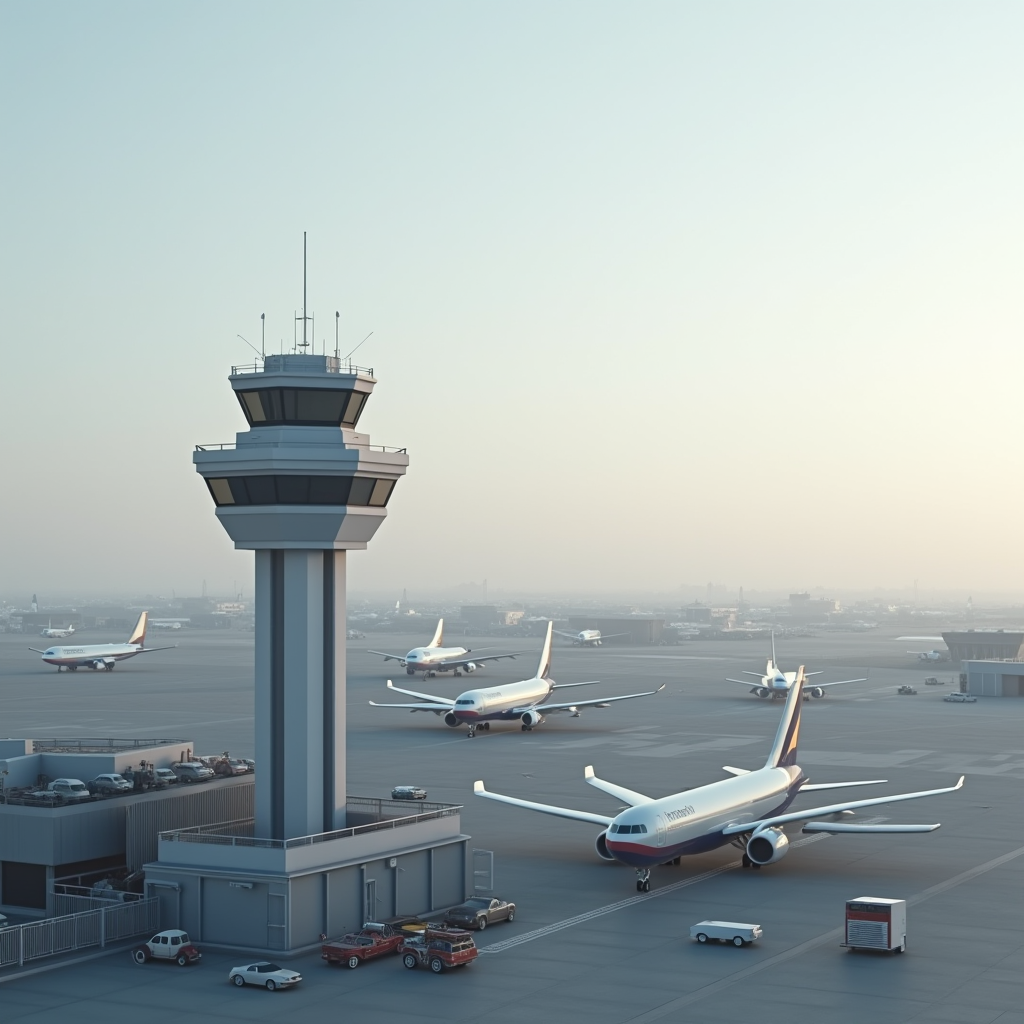 Wide shot of a busy control tower overlooking multiple airpl