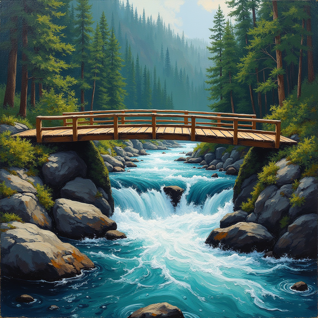 Wooden footbridges spanning turbulent rapids, planks careful