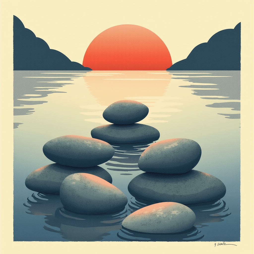 Smooth river stones settling into perfect geometric symmetry