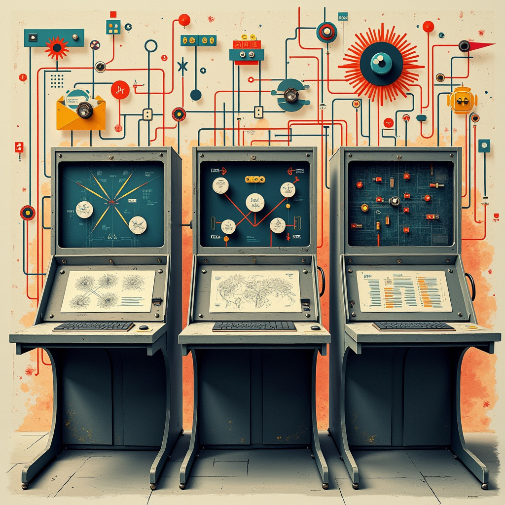 Three distinct metallic workstations arranged in a row, each
