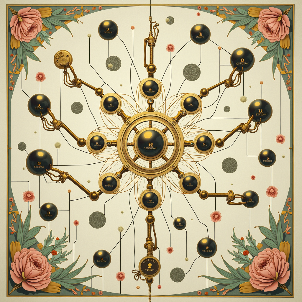 A network of interlocking mechanical arms passing reflective
