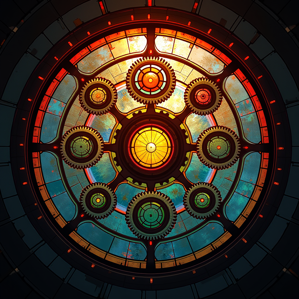 A complex gear mechanism where a large central cog drives mu