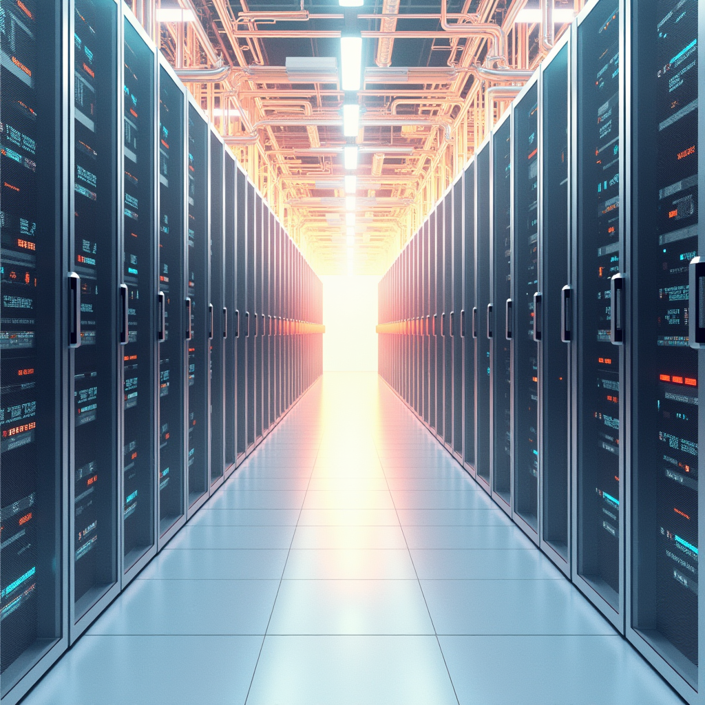 Massive server racks arranged in factory rows, with bright e