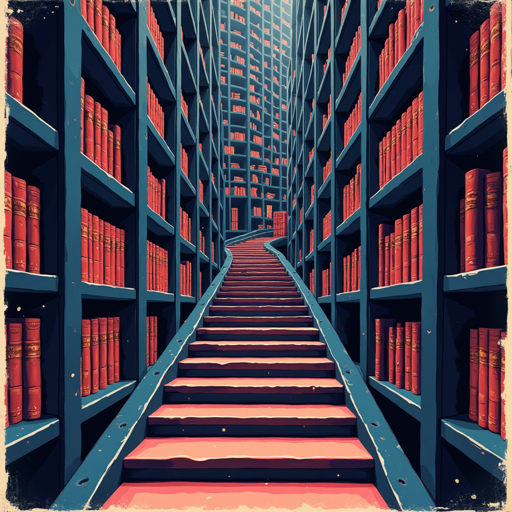 An endless spiral staircase ascending through towering shelv