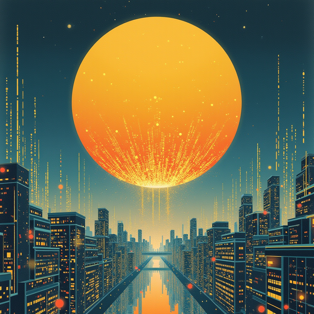 A colossal golden sphere hovering above a digital cityscape