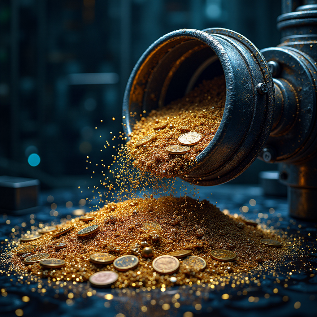 A mechanical sieve sifting through piles of microchips, allo