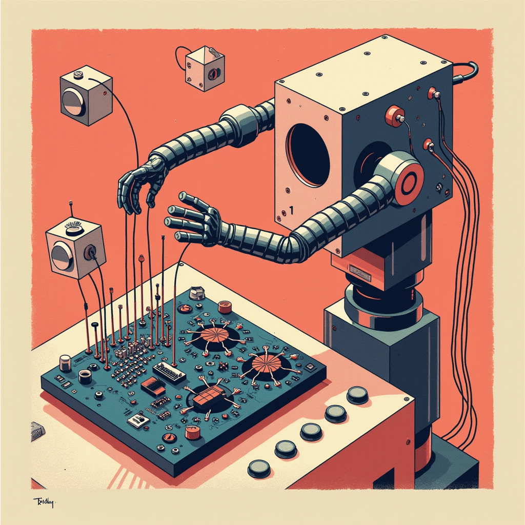 Modular robot arm assembling a circuit board with floating g