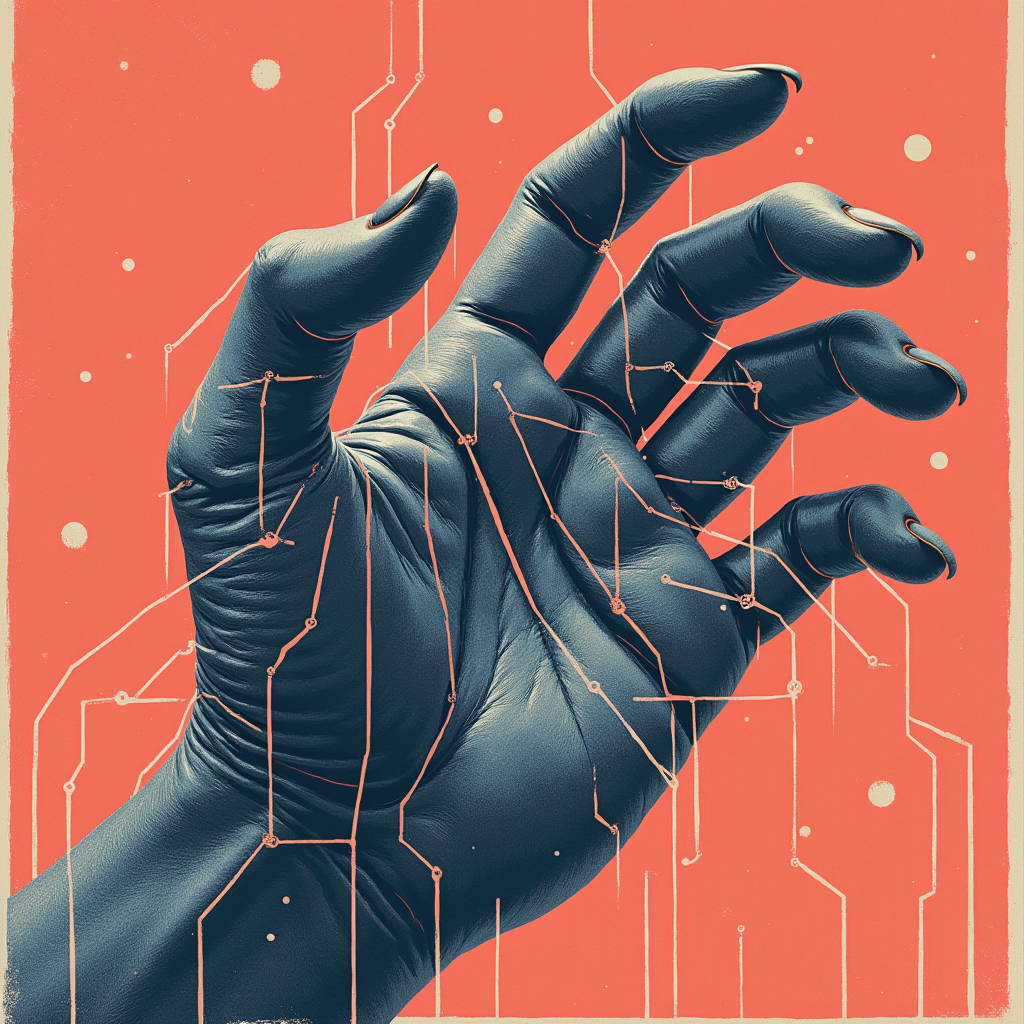 Metallic claw gripping a transparent data stream branching i