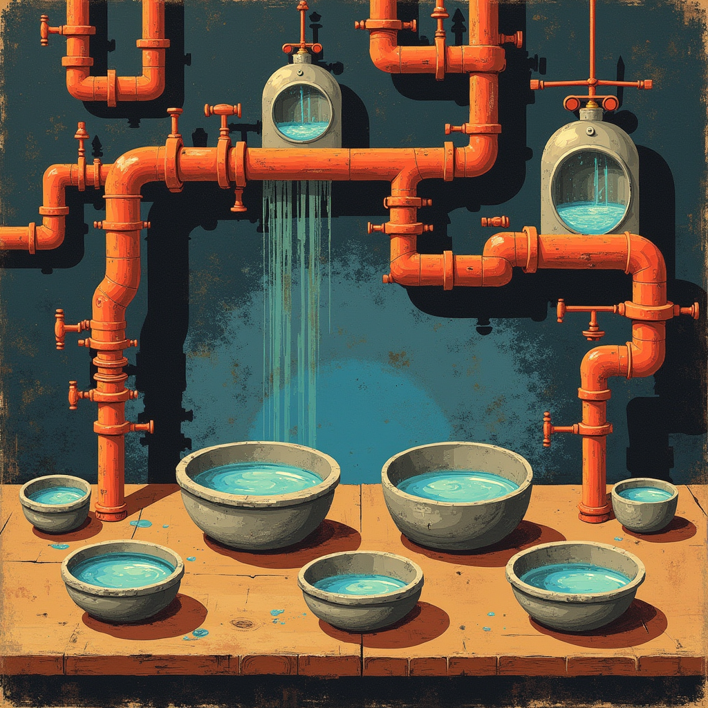 A network of copper pipes branching across a wooden workbenc