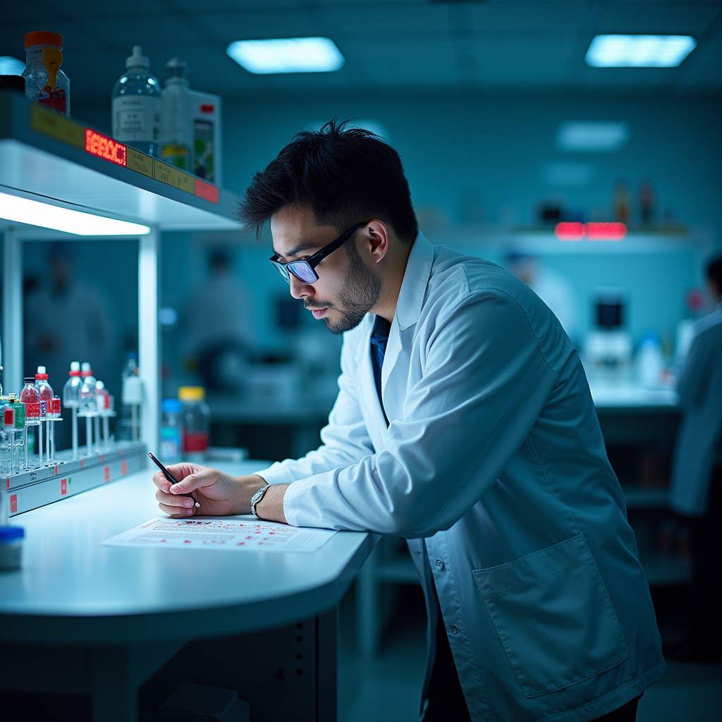 Research scientist in a sterile laboratory, leaning over a c