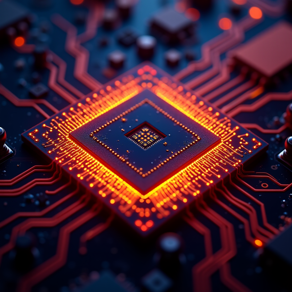 Macro view of an AI accelerator chip, sharp diagonal composi