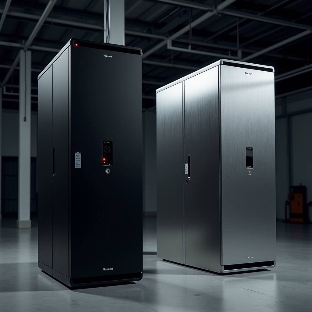 Two adjacent server towers in a warehouse, contrasting matte