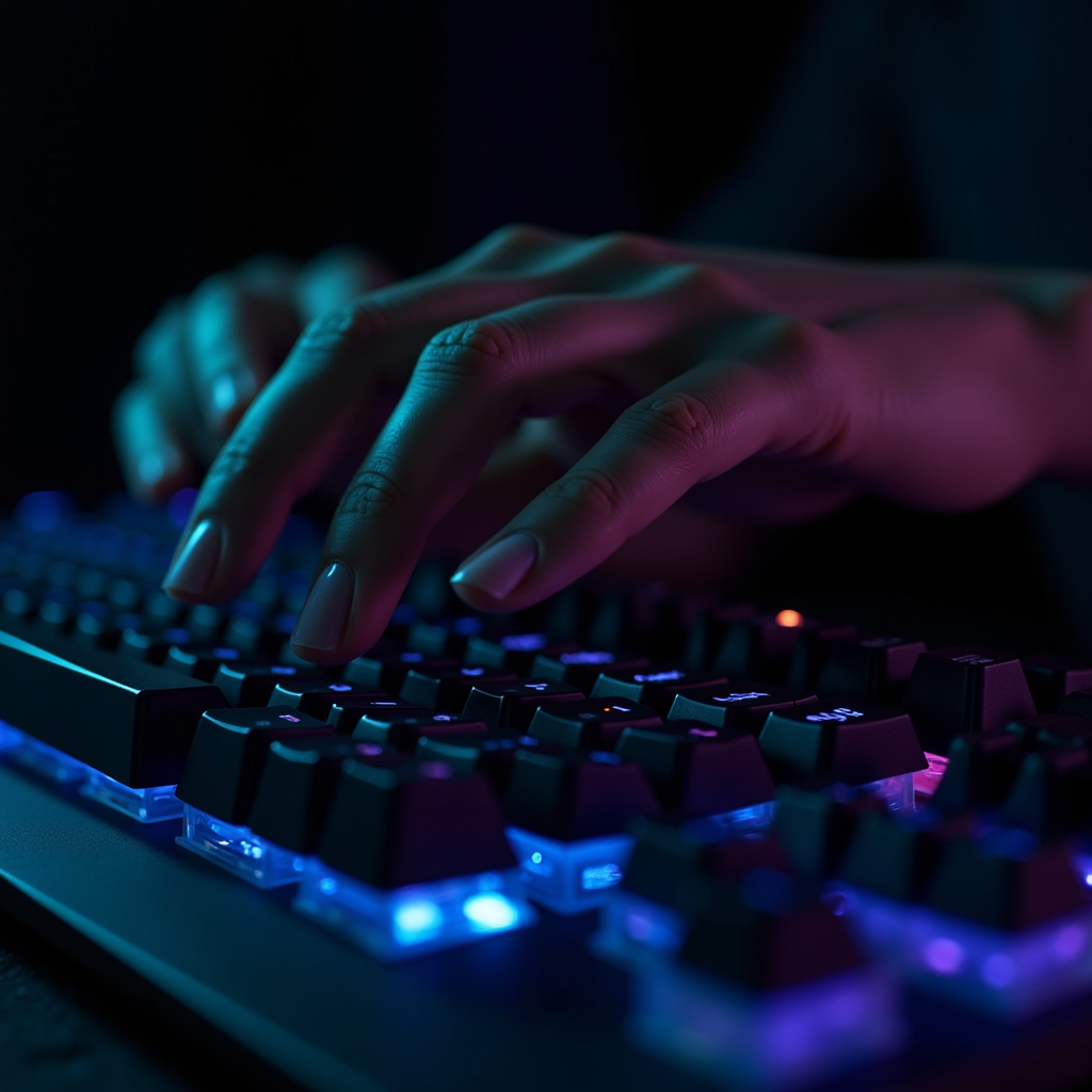 Close-up of hands hovering over a mechanical keyboard, illum