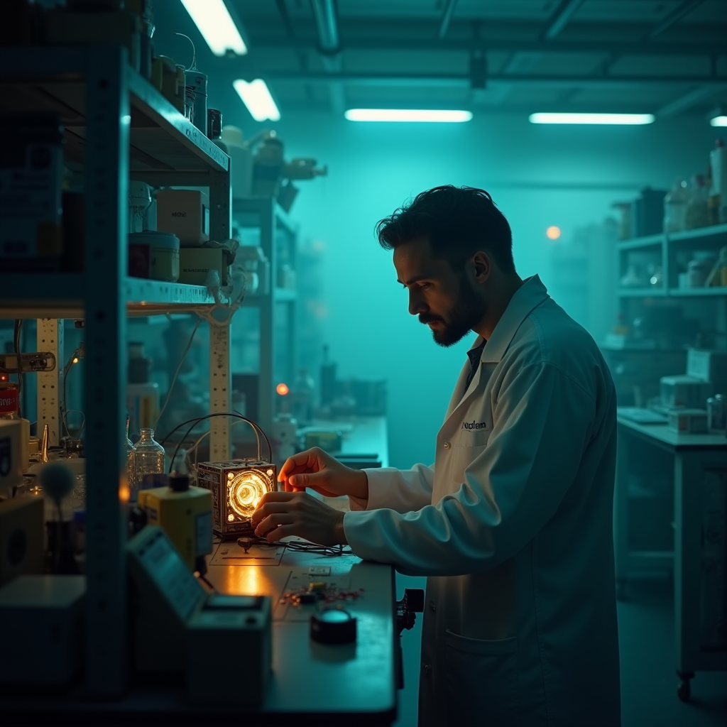 Side profile of a researcher in a white coat calibrating a p