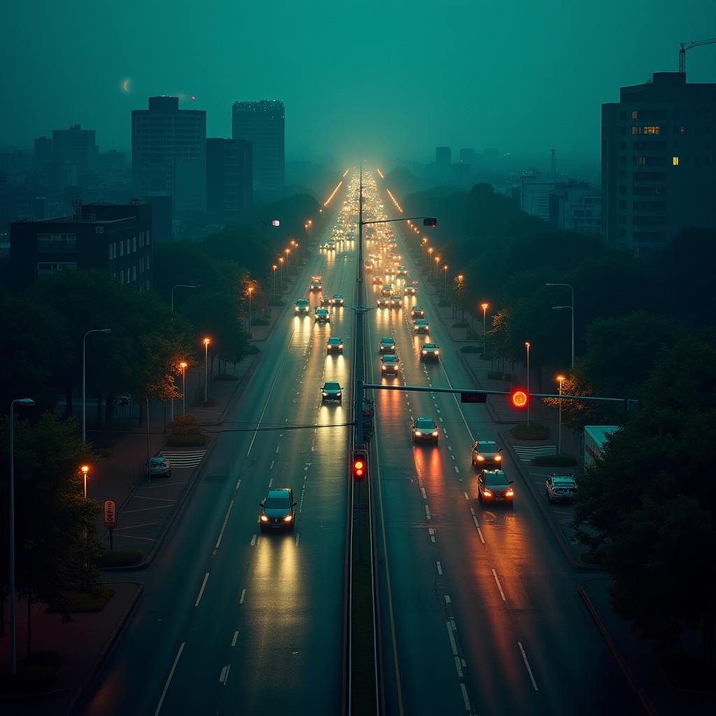 High angle aerial view of a busy city intersection at dusk w