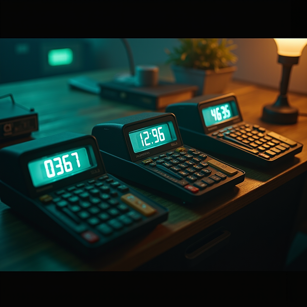 Overhead angle of three identical vintage calculators arrang