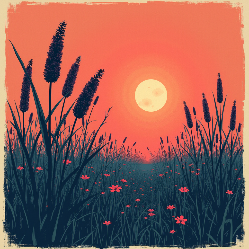 Dry reeds in a silent meadow bending toward a heat shimmer, 