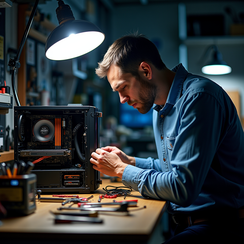 A researcher tightening screws on a custom computer chassis