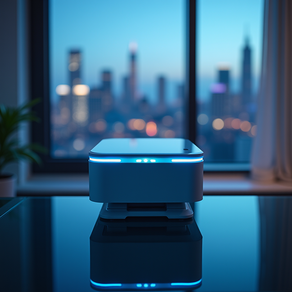 A compact desktop AI appliance sitting on a glass desk, its