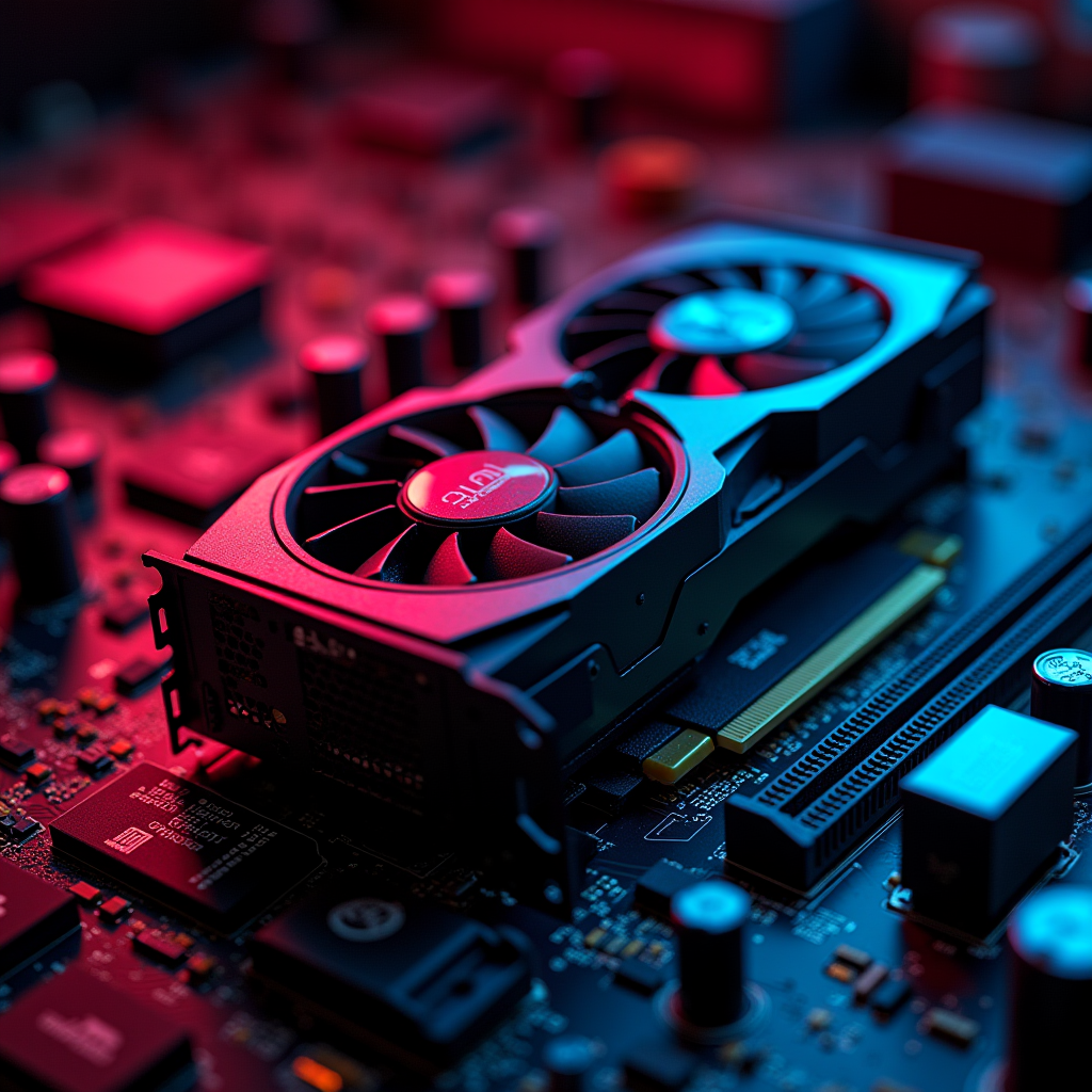 A close-up of a high-end GPU mounted on a motherboard, with
