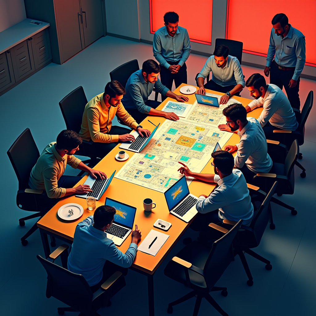 A team of engineers gathered around a large conference table